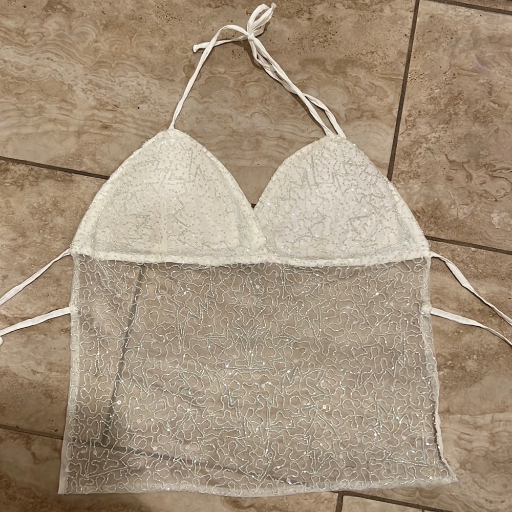 Y2K Backless beaded halter mesh white open back